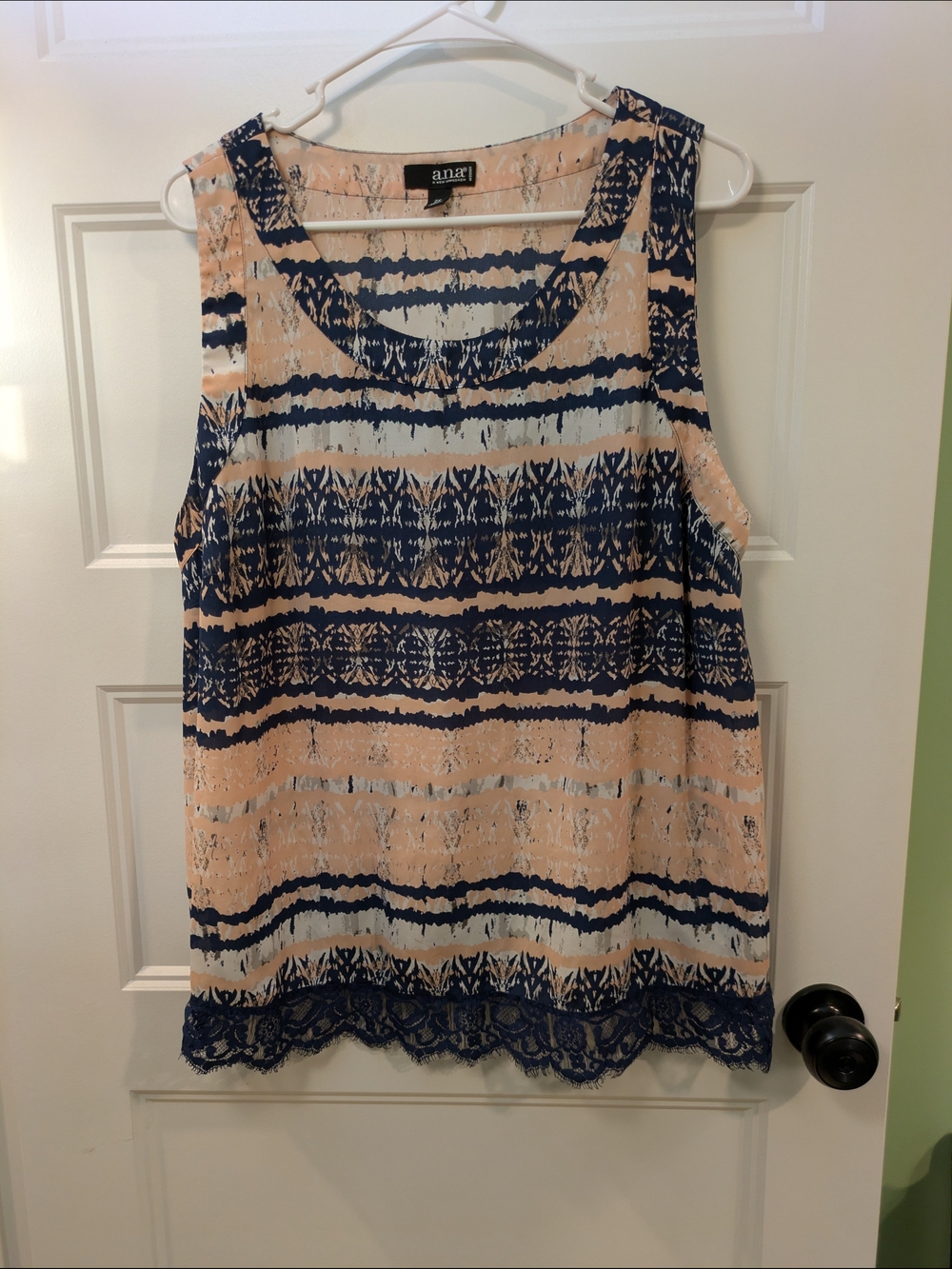 🔴 3/$15. a.n.a Sleeveless Peached Pink and Navy Lace-Hem Tank Top